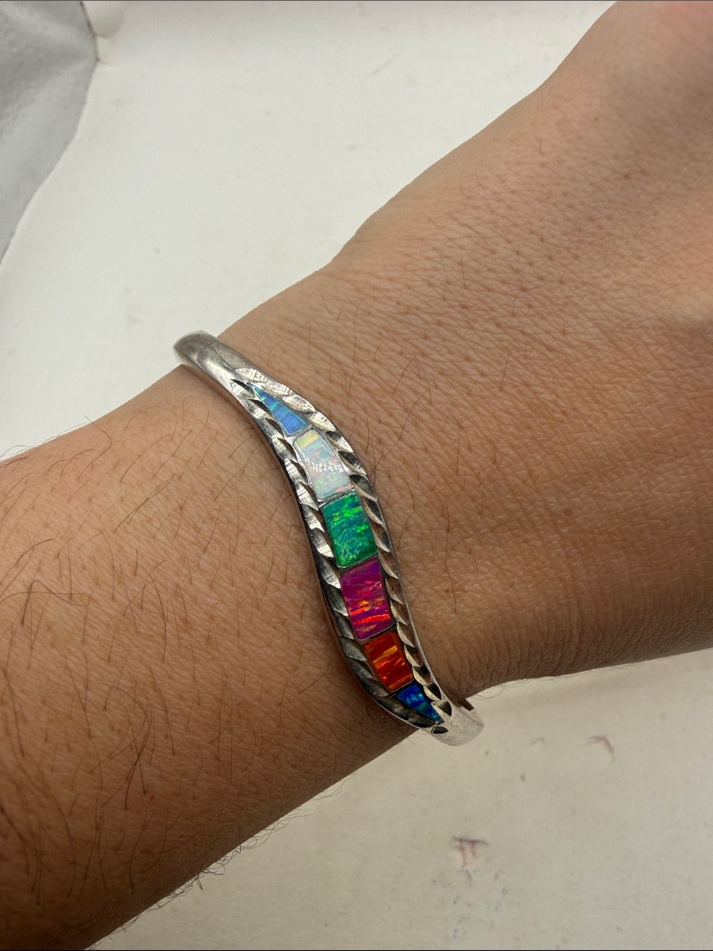 Vtg Silver 925 Hinged Bangle Bracelet Rainbow Opal Inlay Wavy Mexico Taxco? - Picture 2 of 16